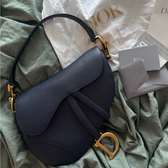 Dior Handbags - Dior Navy Grained Leather Medium Saddle Bag